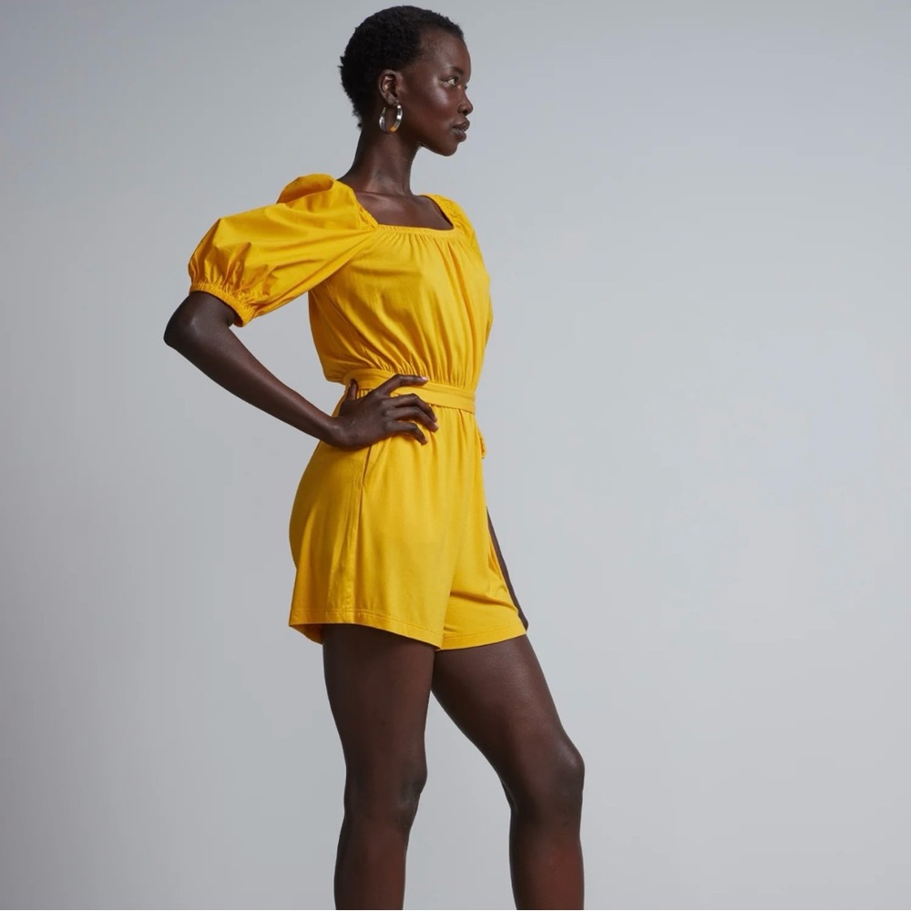 NWR NY & Co. Yellow Belted Square-Neck Poplin Short Romper Size S - Picture 2 of 12